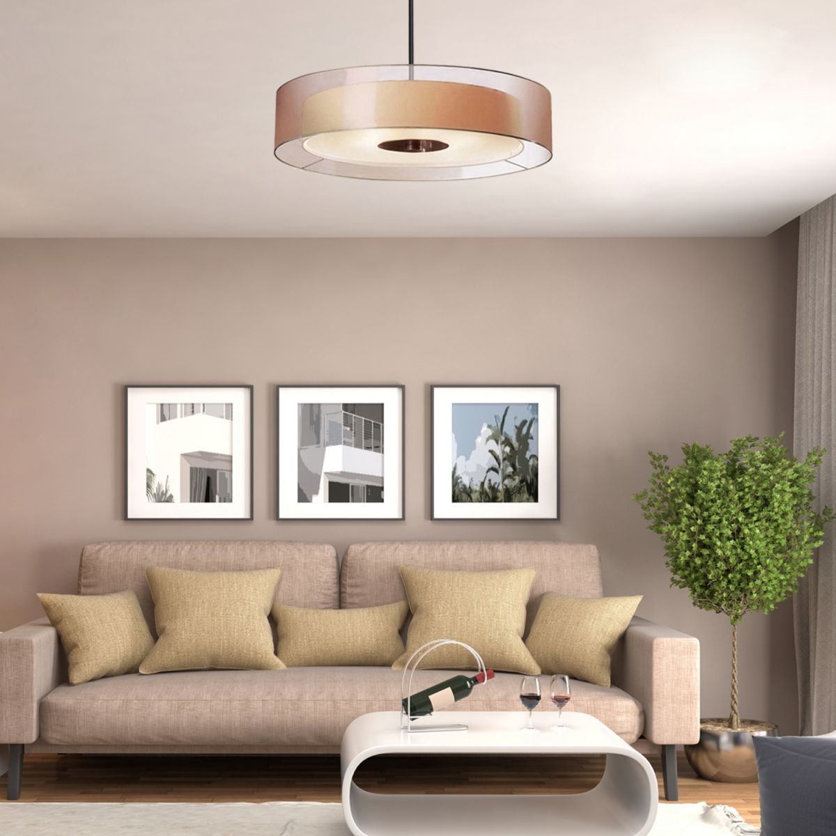 Drum Pendant Light Fixture Modernism Fabric Coffee LED Hanging Ceiling Light, 16"/19.5"/23.5" Dia