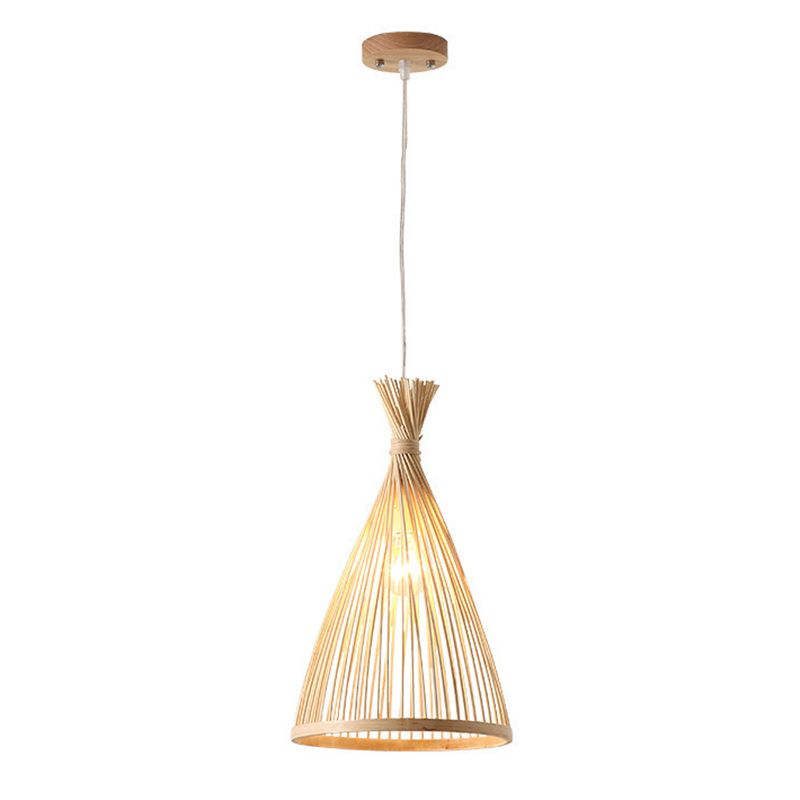 Conical Pendant Lighting Fixture Contemporary Style Bamboo Beige Hanging Ceiling Light
