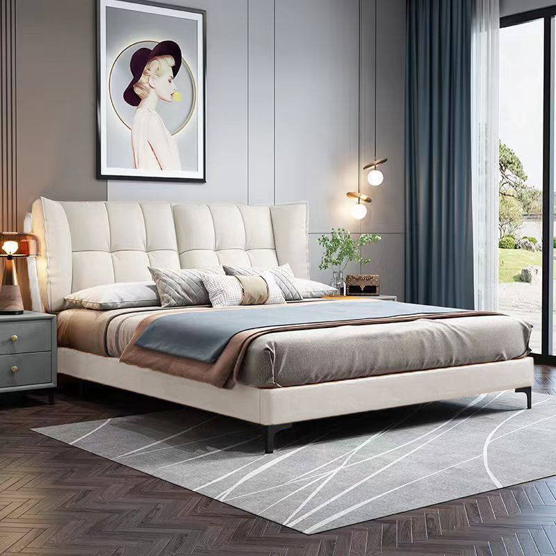 Modern Standard Bed Pine Wood Bed with Upholstered Headboard