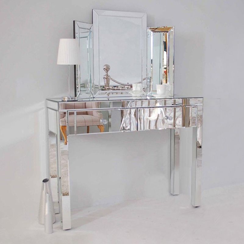 Glass Vanity Set with Tri-Fold 13.77" Wide Make-up Vanity with 2 Storage Drawers