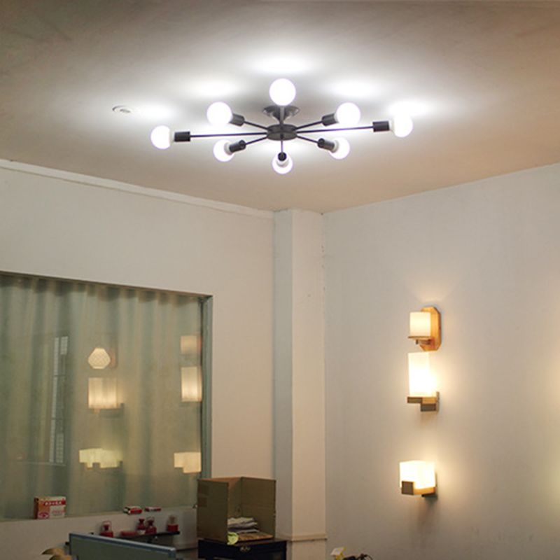 Lámpara de techo negra de 8 luces, estilo industrial retro, hierro Sputnik, montaje semiempotrado para sala de estar