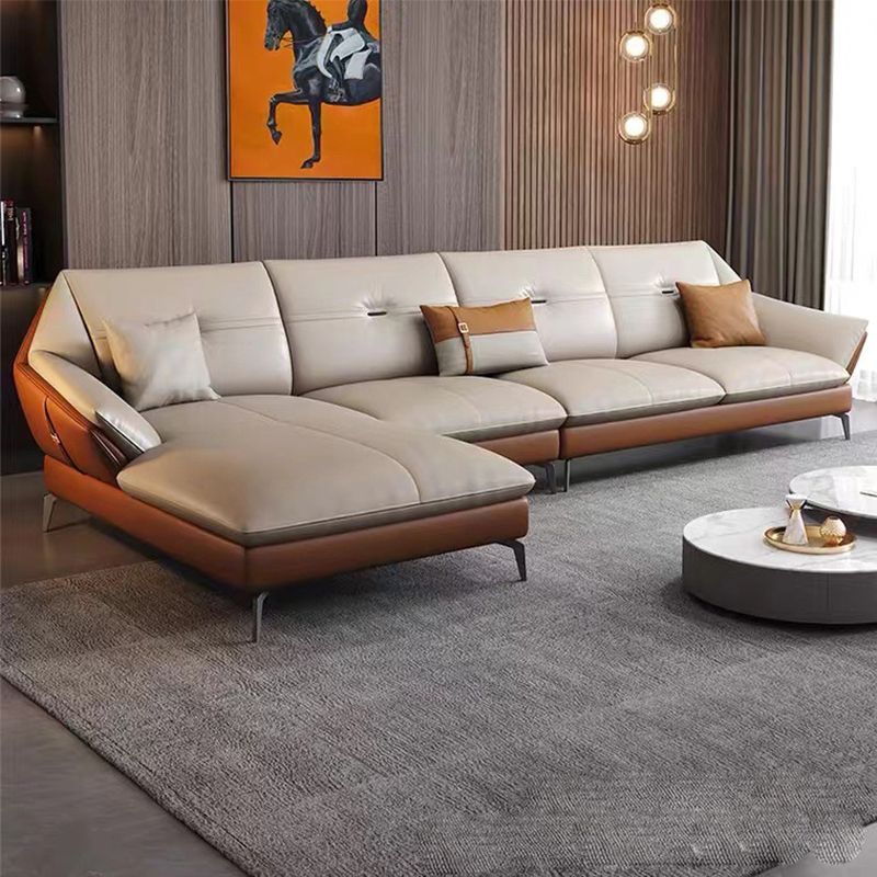 Glam Genuine Leather Living Room Flared Arm Modular Cushions Seating