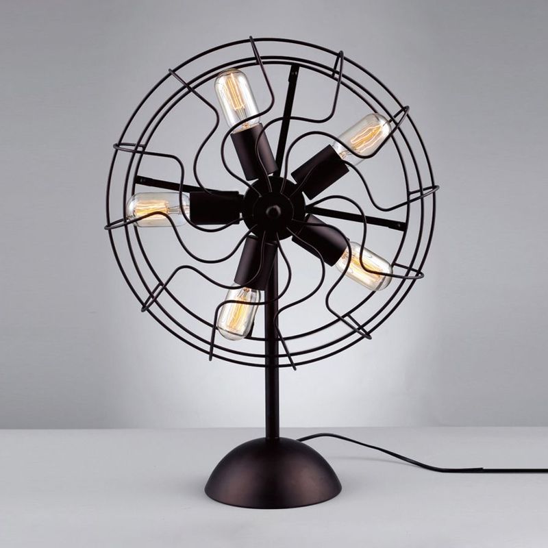 5 Bulbs Fan Design Table Lamp with Cage Shade Farmhouse Style Black Finish Metallic Table Light for Bedroom