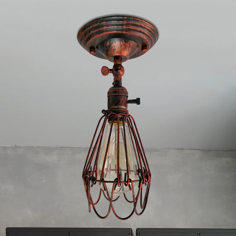 Plafonnier semi-encastré en cage en fer forgé, style ferme, élégant, 1 lumière, luminaire de plafond pour chambre à coucher, rouille/argent vieilli