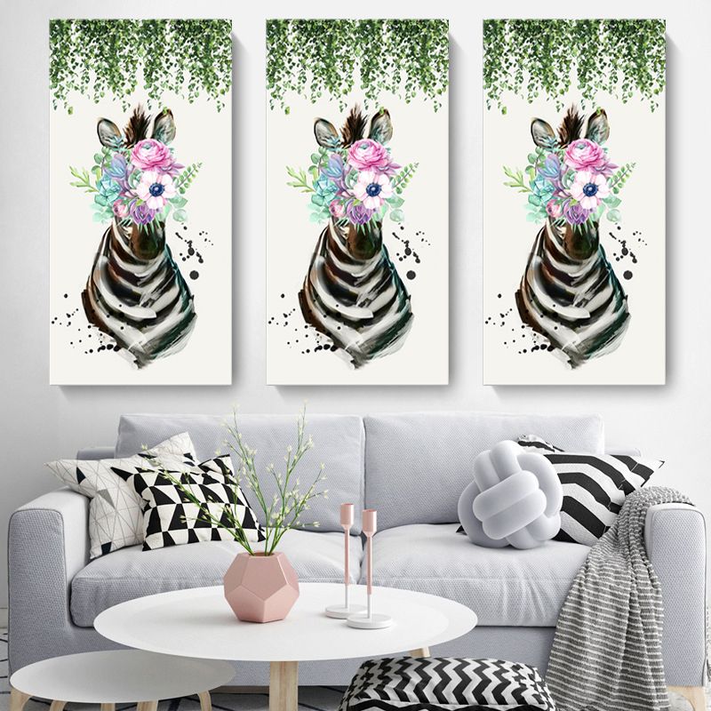 Animal with Flower Head Painting Modern Stylish Textured Girls Bedroom Canvas Wall Art