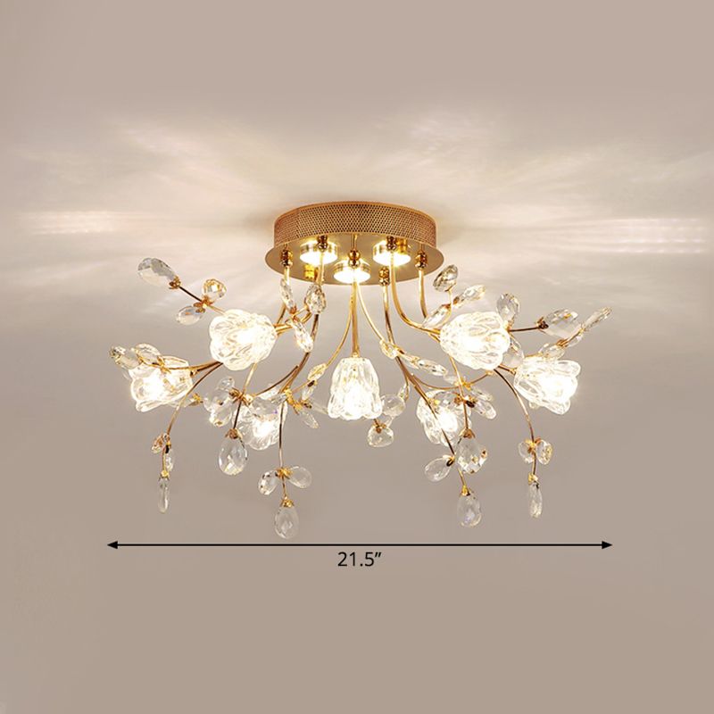 Blüte großer Raum halb Flush Mount Facetted Crystal 7 Köpfe Moderne in der Nähe der Deckenbeleuchtung in Gold