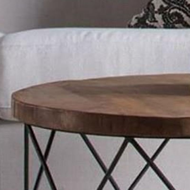 Contemporary Wooden Top Round Coffee Table with Black Metal Frame Base