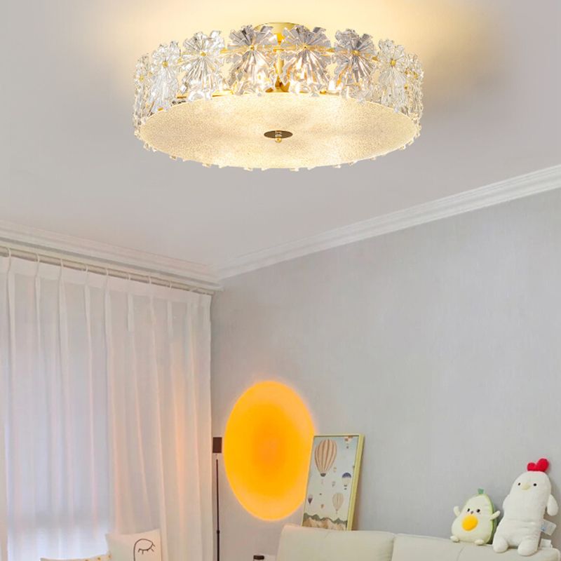 Gold Metal Flush Mount Light Fixtures Traditional Drum Semi Flush Ceiling Lamps with Glass Shade