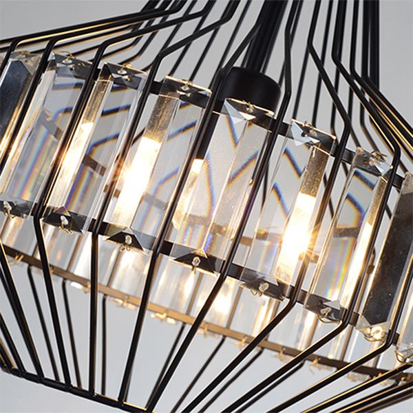 Illuminazione a sospensione cristallina in gabbia geometrica Vintage Light Black Affermazione per ristorante
