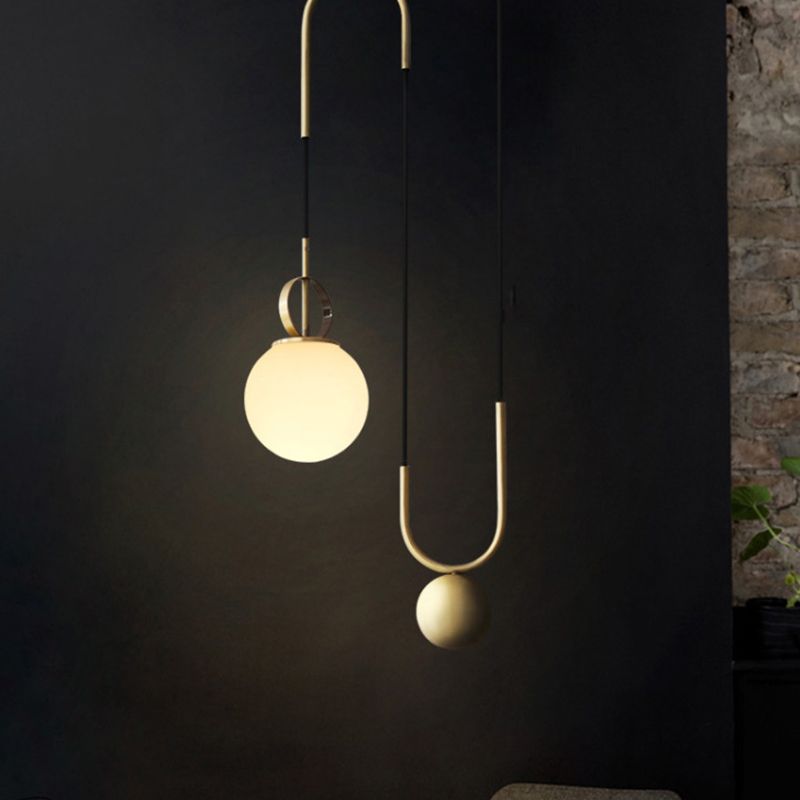 Postmodern Globe Pendant Lamp White Glass 1 Head Dining Room Hanging Light in Brass