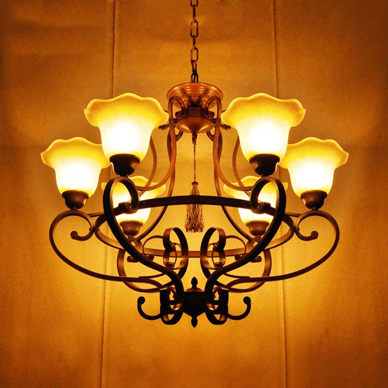 Brown 6 luci appesi lampadario tradizionale vetro smerigliato a sospensione a sospensione con braccio sinuoso