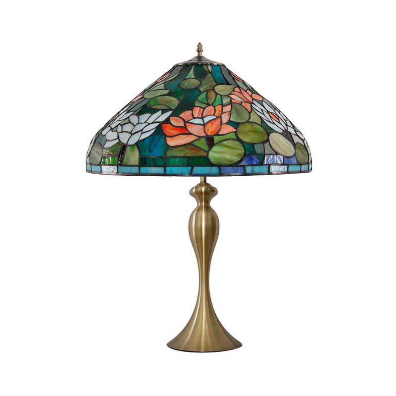 1 Kopf Nachtlicht Vintage konische mehrfarbige Buntglas-Schreibtischlampe mit Lotusmuster in Messing