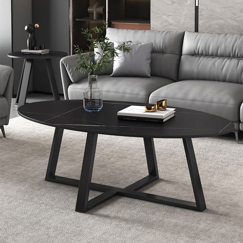 Slate Oval Coffee Table Cross Legs Single Table for Living Room