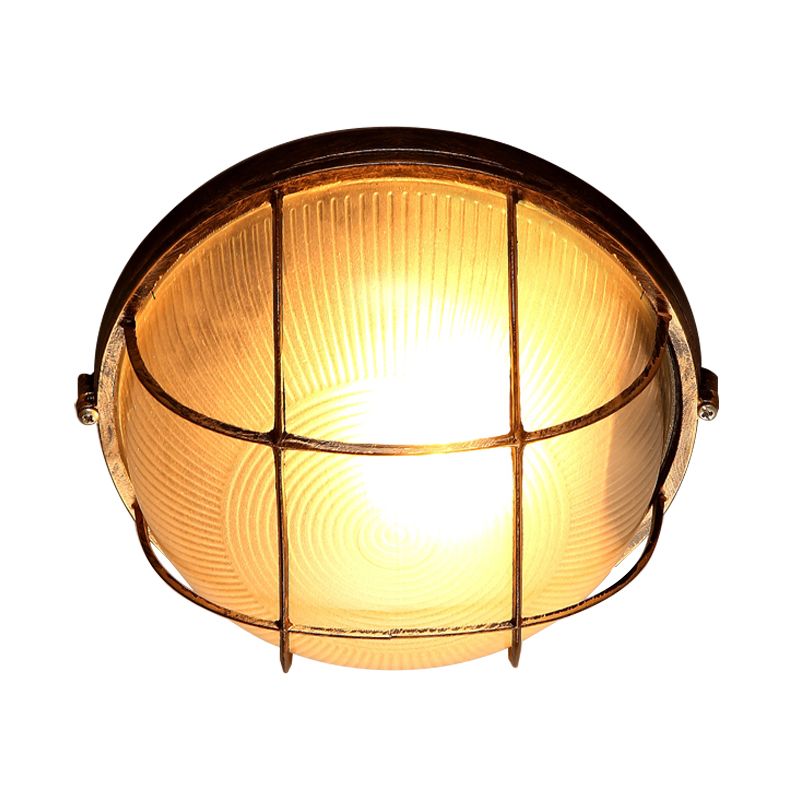 Plafonnier rustique à 1 ampoule en verre nervuré Bowl, pour porche, en bronze avec cage en métal