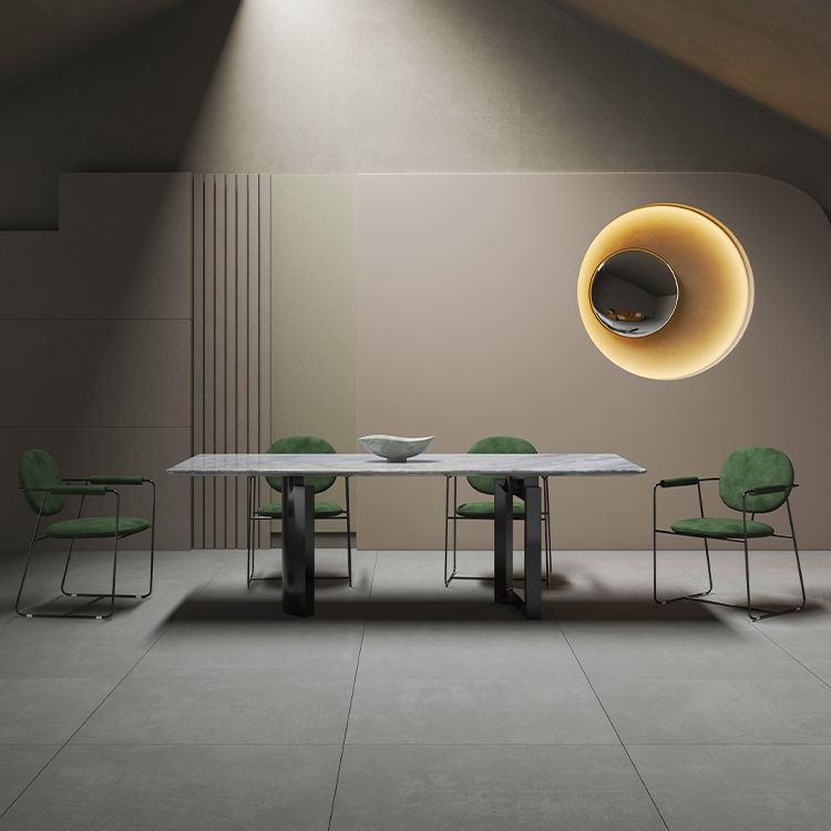 Contemporary Rectangle Blue Marble Dining Table with Double Pedestal