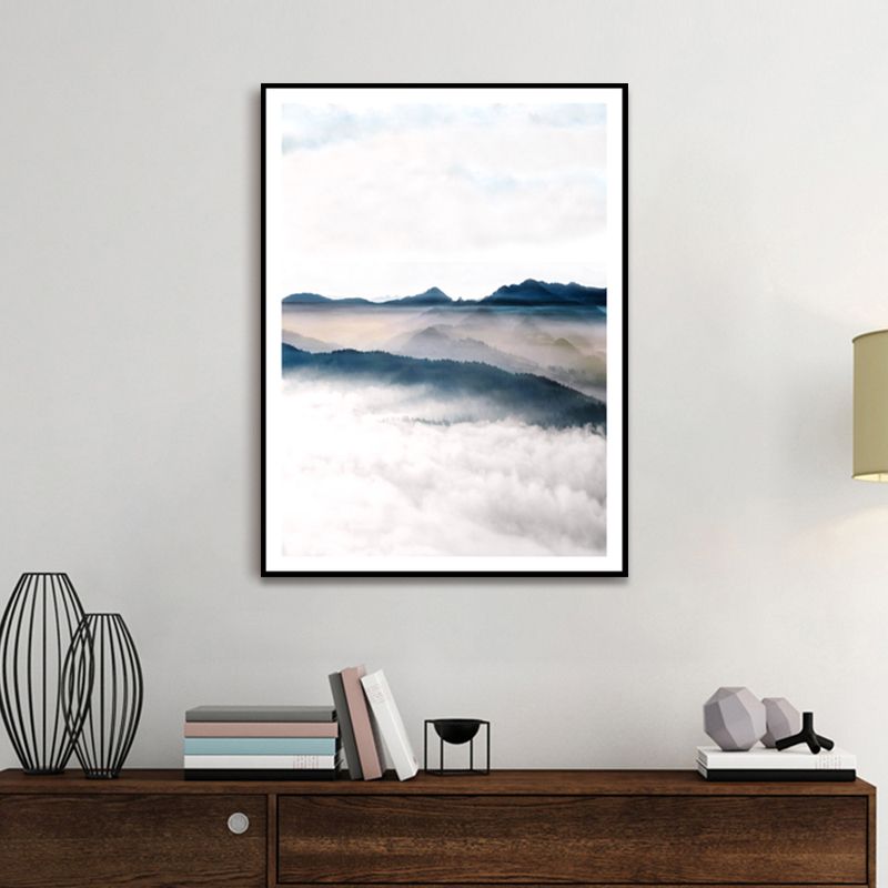 Modern Scenery Foggy Mountain Canvas Print White Textured Wall Art for Living Room
