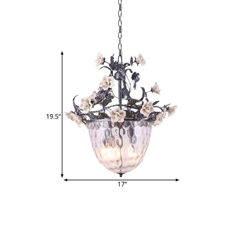 Pastoral Bowl Pedant Lamp 3/4 Heads Clear Dimple Glass Hanging Chandelier with Blossom Design