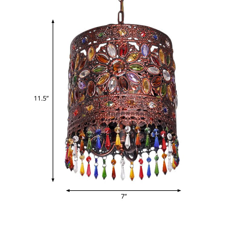 Cylinder Metal Ceiling Hang Fixture Bohemian 1 Light Dining Room Pendant Lamp in Copper