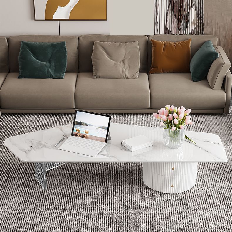 Modern Free Form Slate Cocktail Table 2 Drawers Coffee Table in White
