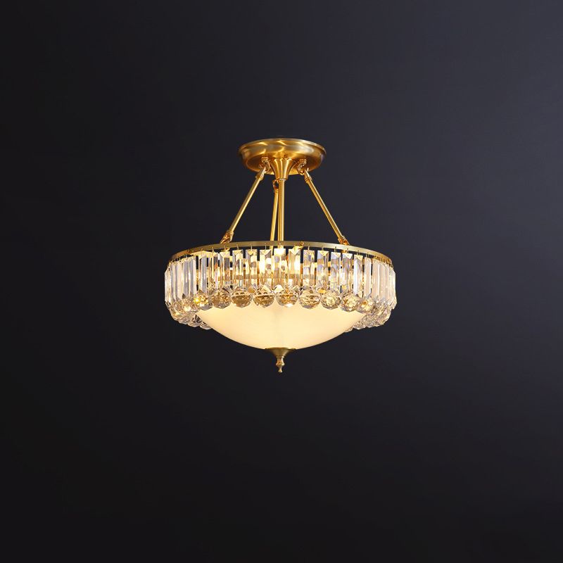 Brass Dome Semi Flush Mount Rustic Frosted Glass 4 Lights Dining Room Ceiling Light Fixture with Crystal Side