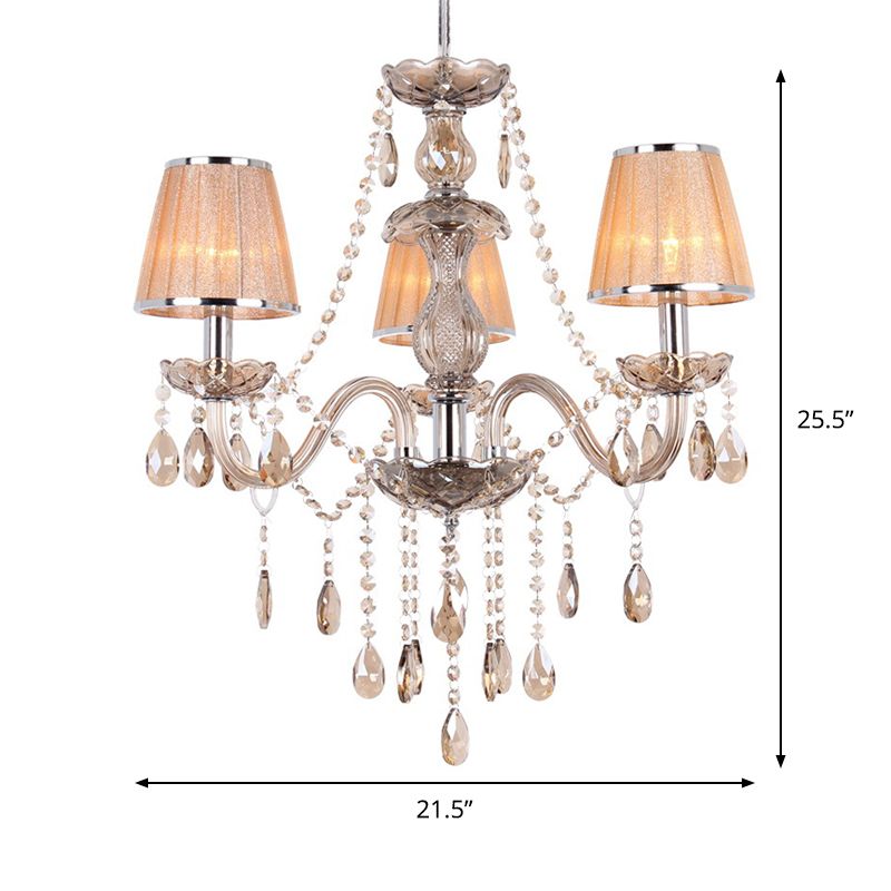 3-Head Ceiling Chandelier Modernism Umber Crystal Droplet Pendant Light Kit with Pleated Fabric Shade in Gold