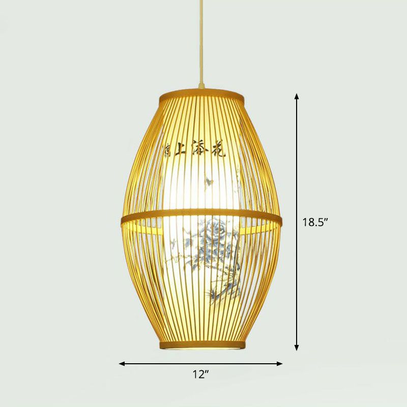 Handcrafted Ceiling Light Chinese Style Bamboo Single Restaurant Hanging Pendant Light in Wood