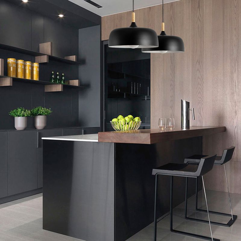 Wooden Macaron Pendant Light in Modern Creative Style Wrought Iron Dome Hanging Lamp for Dining Room