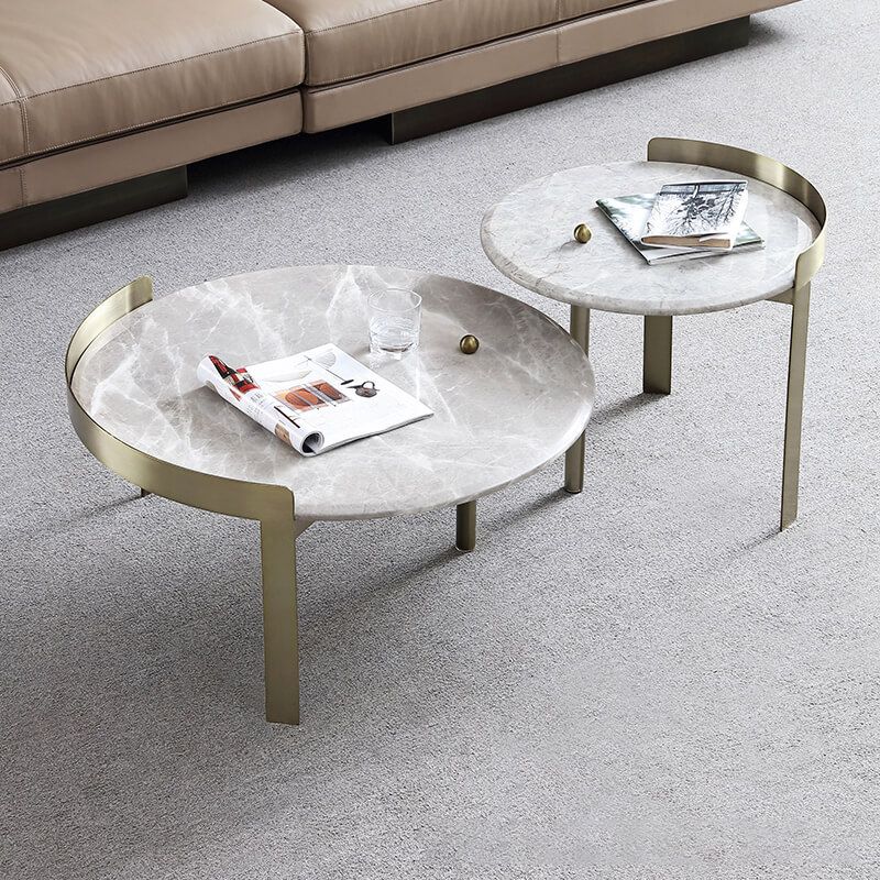 Glam Slate Coffee Table Round Beige Coffee Table Set with 3 Legs