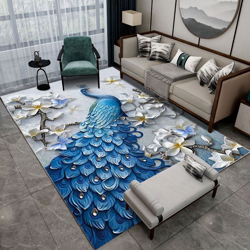 Contemporary Indoor Rug Gorgeous Peacock Pattern Rug Polyster Washable Area Rug for Living Room