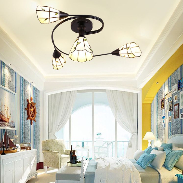 Tiffany Flower Semi Flush Light Stained Glass Ceiling Mounted Light for Living Room