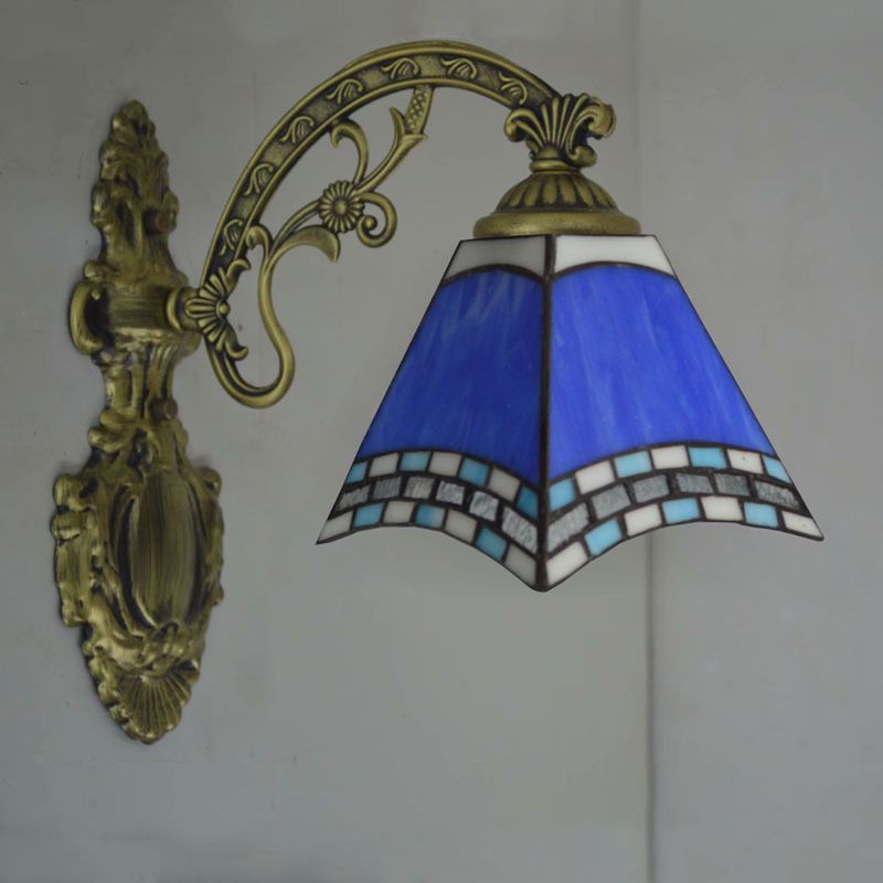 Blue Cut Glass Pyramid Wall Light Mediterranean Brass Wall Mounted Lamp with Curved Arm