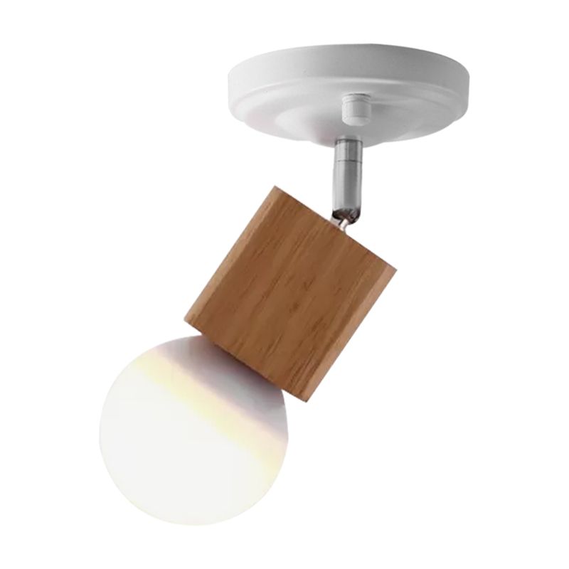 Metal Bare Bulb Semi Flush Ceiling Light Modern 1 Light White Finish Flushmount with Wood Top