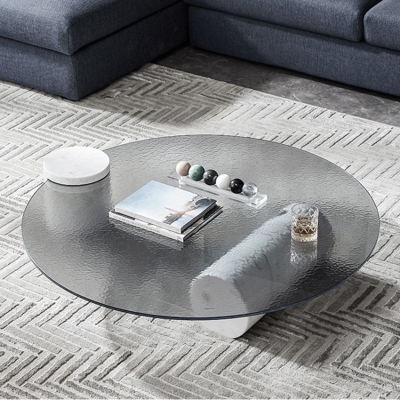 9.8"H Modern Marble Abstract Base Glass Round Coffee Table for Living Room