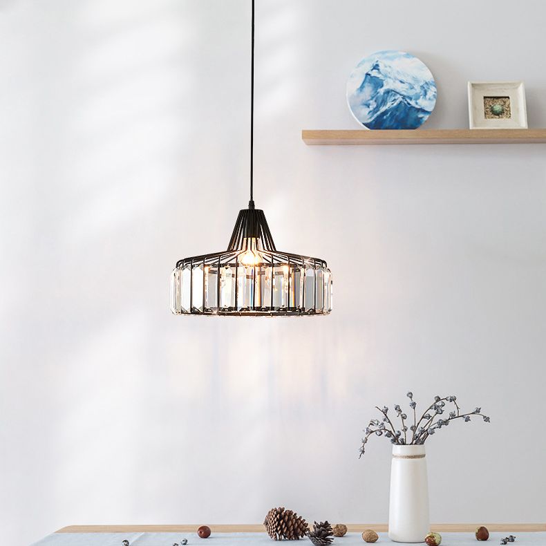 Contemporary Style Drum Crystal Hanging Lamp 1-Light Simplicity Bedside Mini Lighting Pendant
