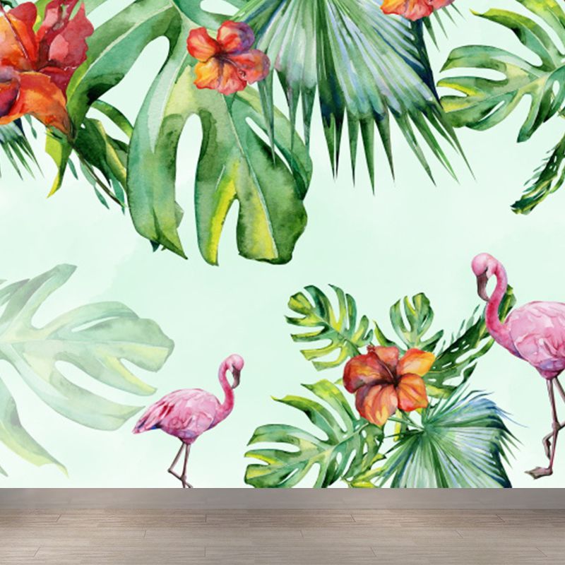 Green Flamingos and Flower Mural Wallpaper Moisture Resistant Wall Art for Dining Room