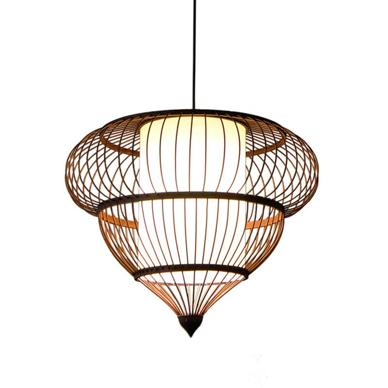 Wooden Geometrical Pendant Lamp Chinese 1 Head Coffee Suspended Lighting Fixture