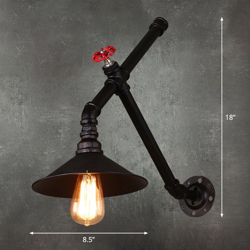 Iron Cone Wall Lamp Rustic 1 Bulb Restaurant Wall Light Fixture with Water Valve in Black