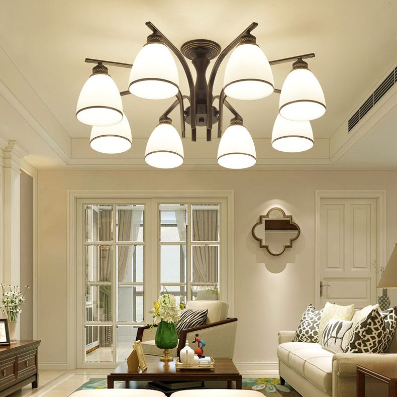 Black Radial Ceiling Light in Traditional Retro Style Wrought Iron Semi Flush Mount with Glass Shade