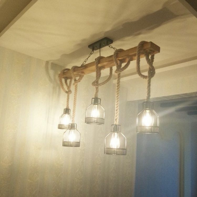 5-Head Rope Pendant Lamp Industrial Beige Linear Restaurant Island Light with Cage
