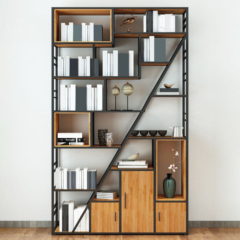 Metal and Wooden Shelf Bookcase with Doors Modern Bookshelf for Office