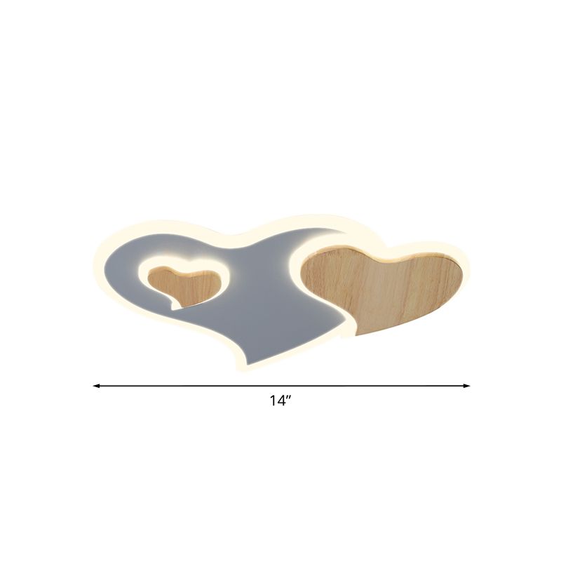 Nordic Triple Heart Shape Flushmount Acrylic Bedroom LED Close to Ceiling Light in Blue and Wood