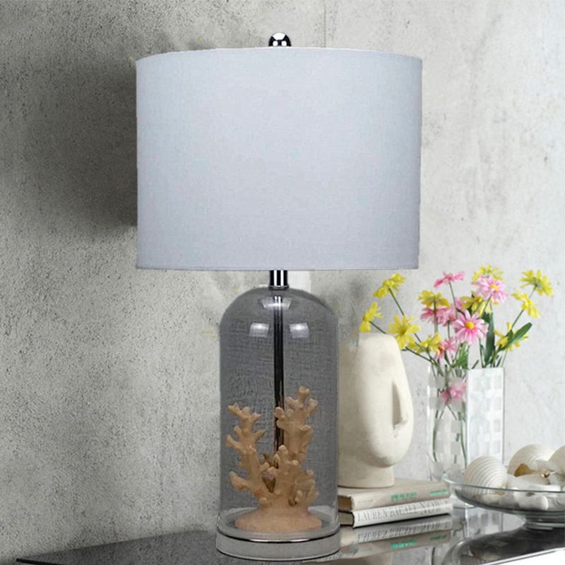 Antiqued Style Drum Shade Table Light Fabric 1-Light Nightstand Lamp in White with Cylindrical Glass Base