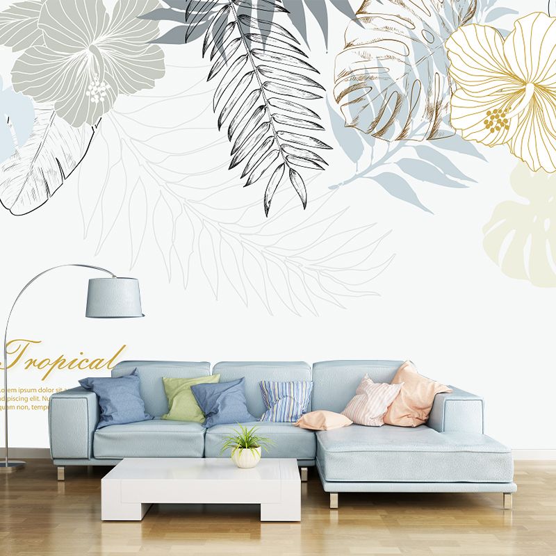 Tropix Watercolor Leaf Mural Wallpaper Grey-White Stain Resistant Wall Art for Home