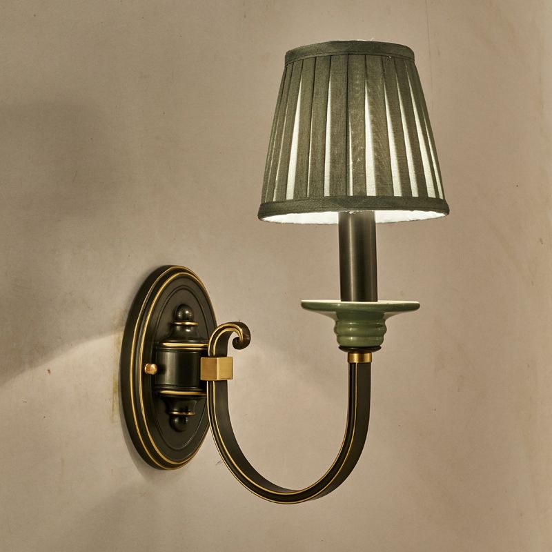 Metal Arched Wall Light Contemporary 1 Head Black Sconce with Tapered Pleated Fabric Shade