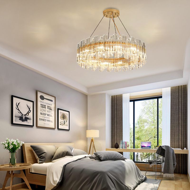 Clear Crystal Drum Hanging Chandelier Modern 8/12 Lights Gold LED Ceiling Lamp for Living Room