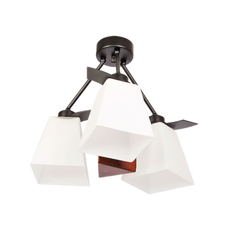 Traditional Trapezoid Semi Flush 3/5 Lights White Glass Ceiling Lamp with Wood Cylinder Shade