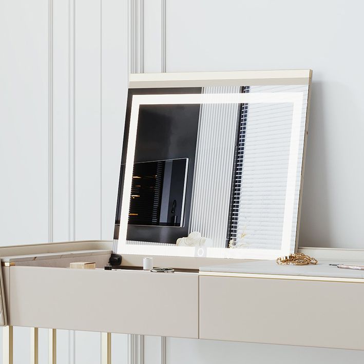 Glam Style Beige Rock Slate Vanity with 5 Drawers Metal Base