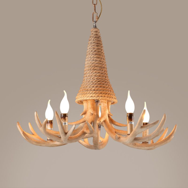 Beige Elk Shaped Chandelier Lamp Traditional Metal and Rope 3/5 Lights Living Room Hanging Light