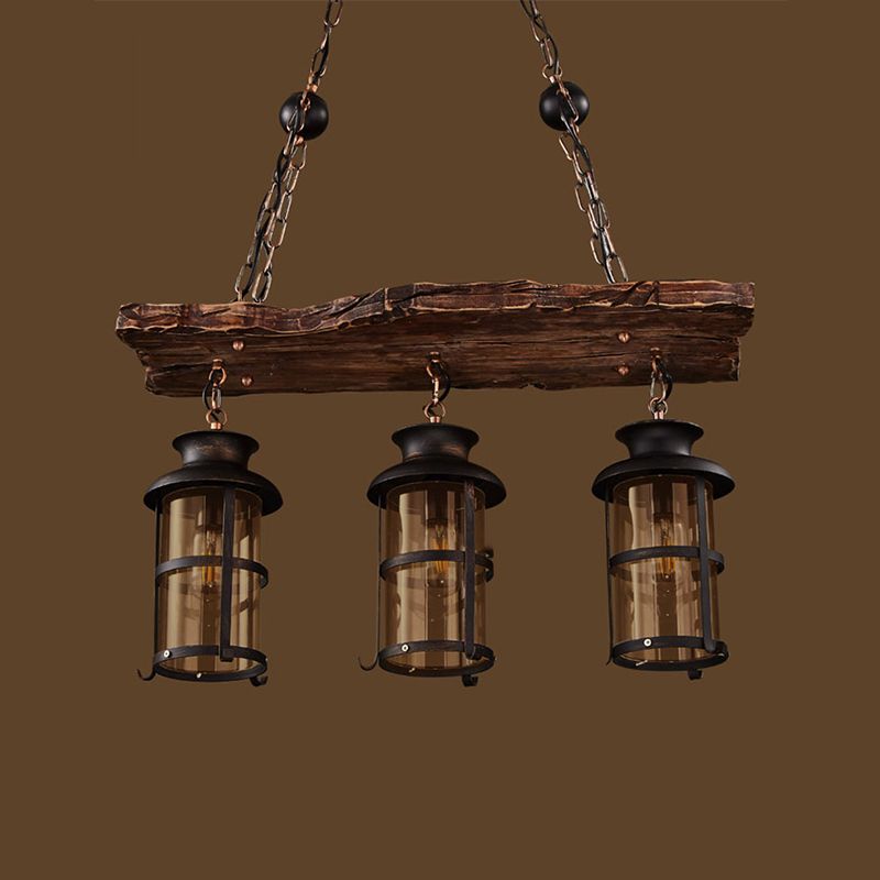 Rectangular Shape Pendant Light Industrial Style Wood 3 Lights Pendant Light in Brown