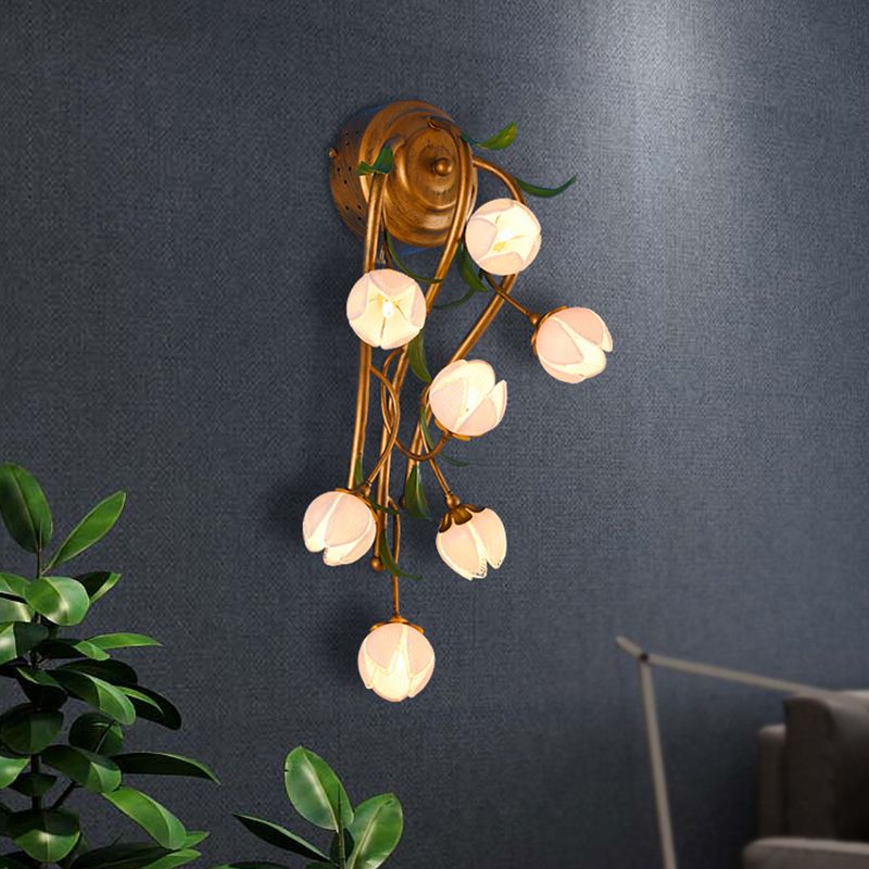 7 Lights Flower Sconce Light Fixture Countryside White/Pink/Yellow Glass Wall Mount Lighting for Bedroom